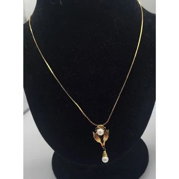 Antique Freshwater Pearl Gold Fill Leaf Pearl Drop Necklace 18in - Picture 4 of 6